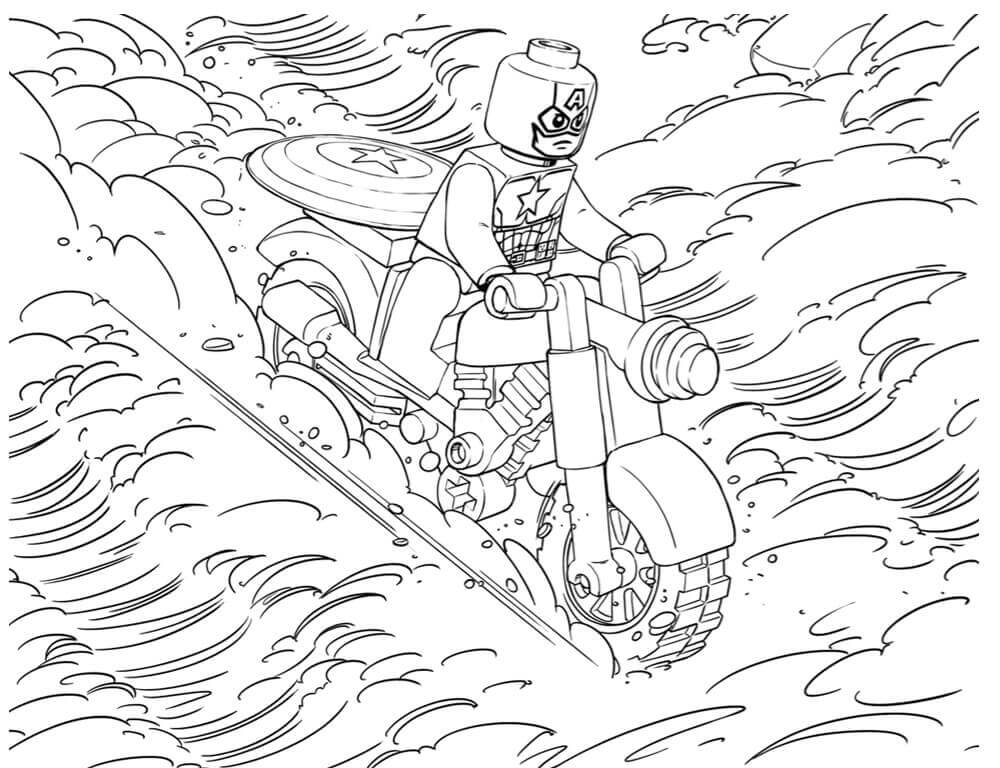 dibujo lego capitan america montando en moto para imprimir y colorear