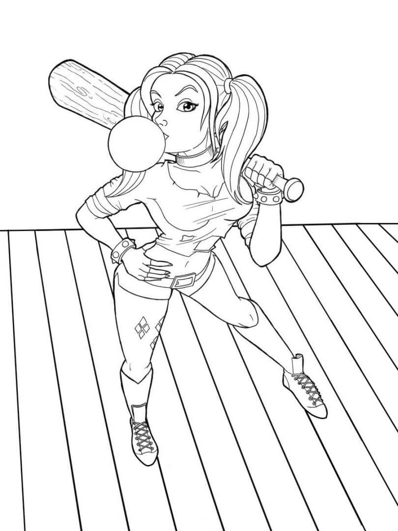 dibujo linda harley quinn sosteniendo un bate de beisbol para imprimir y colorear