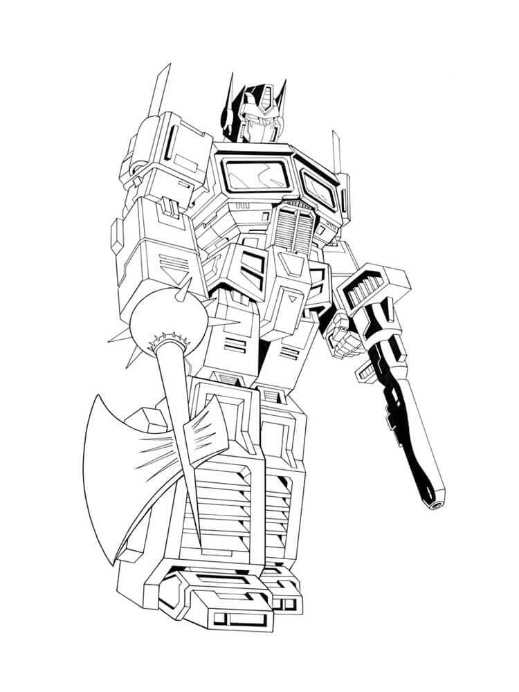 dibujo optimus con arma y hacha para imprimir y colorear