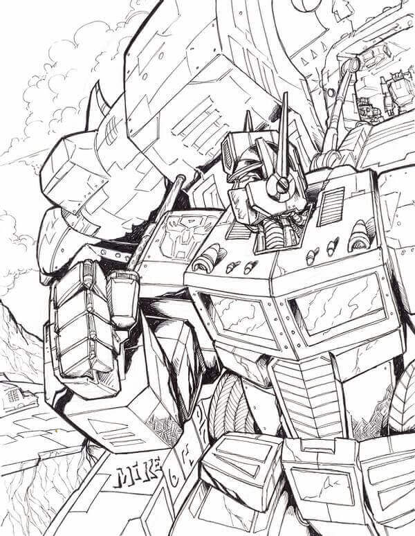dibujo optimus prime en batalla para imprimir y colorear