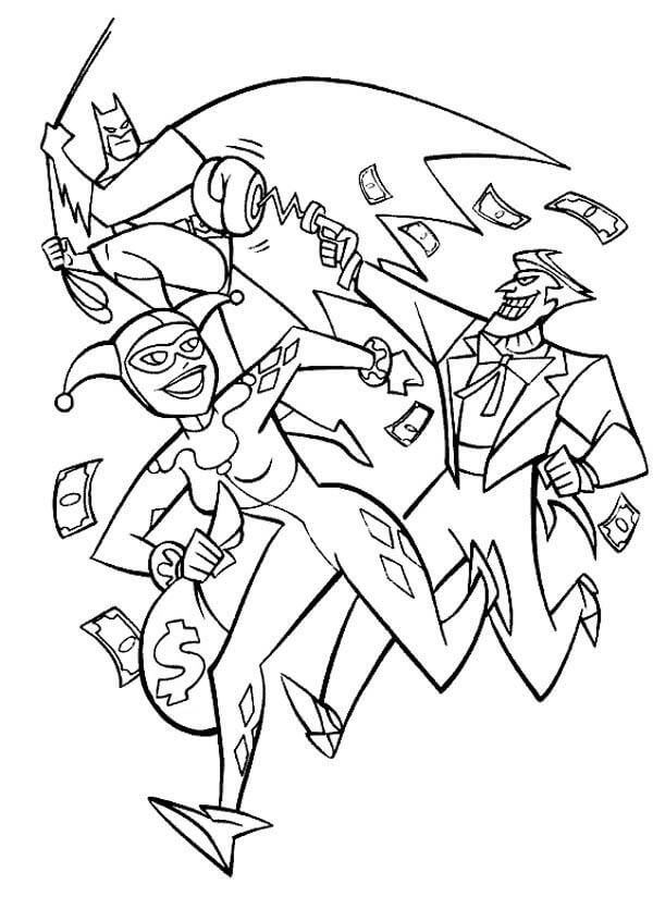 dibujo persecuciones de batman con harley quinn y joker para imprimir y colorear