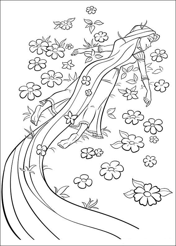 dibujo rapunzel acostado sobre flores para imprimir y colorear