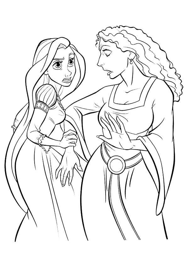dibujo rapunzel enojado con bruja para imprimir y colorear