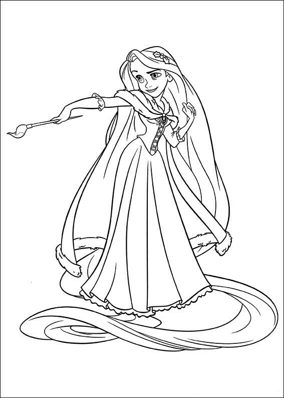 dibujo rapunzel sosteniendo un pincel de pintura para imprimir y colorear