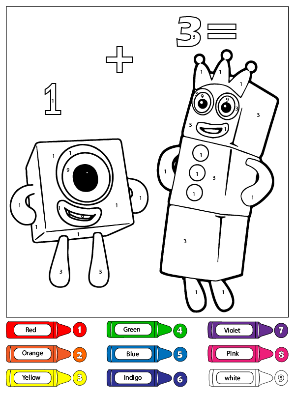 Dibujo de Uno y Tres Bloques de Números Color por Número Pagina para Colorear para Colorear y