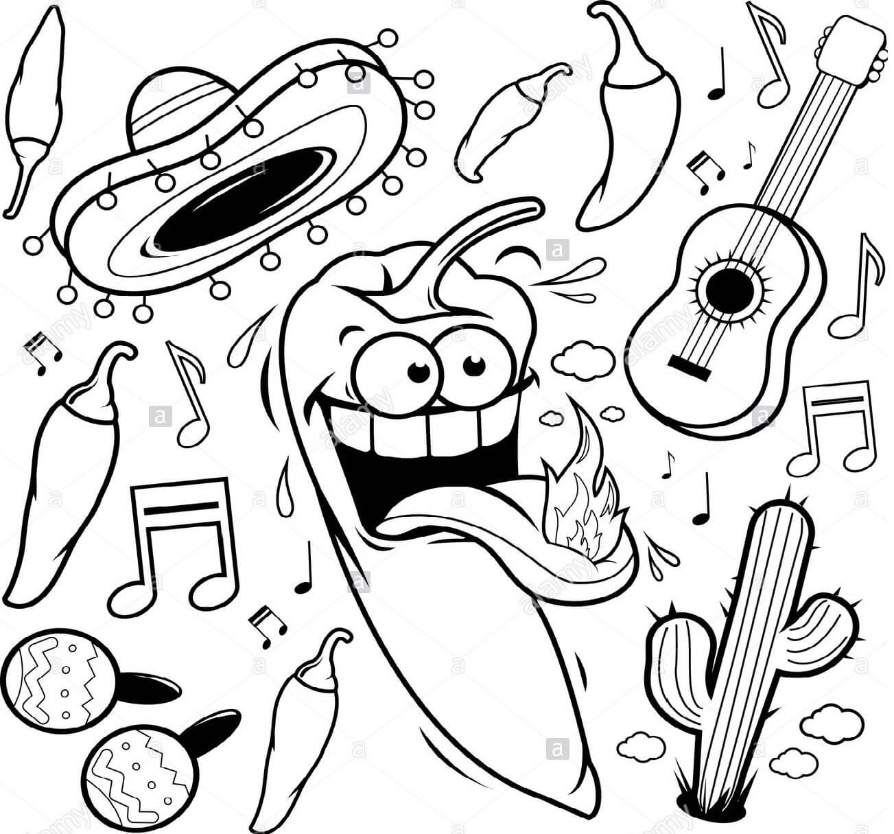 Dibujo de Colección Mexicana de Ají Picante Mariachi para Colorear y Imprimir