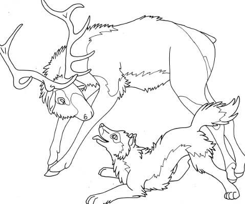 Dibujo de Alce y Lobo para Colorear y Imprimir