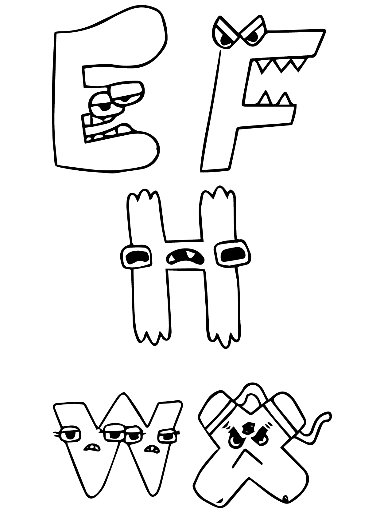 Dibujo de Alphabet Lore e F H W X para Colorear y Imprimir