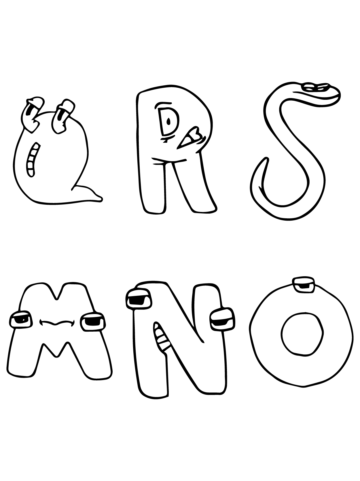 Dibujo de Alphabet Lore Q R S M N o para Colorear y Imprimir