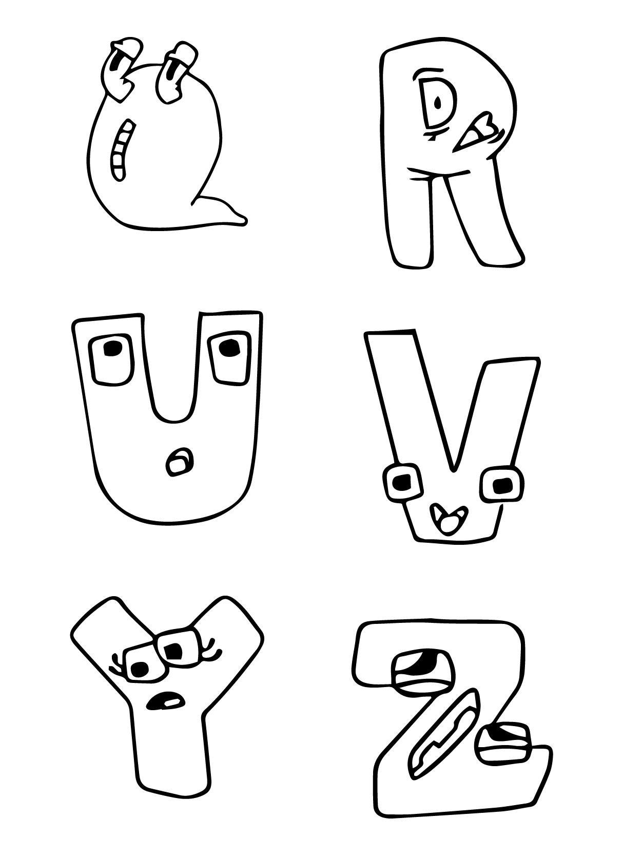 Dibujo de Alphabet Lore Q R U V y Z para Colorear y Imprimir