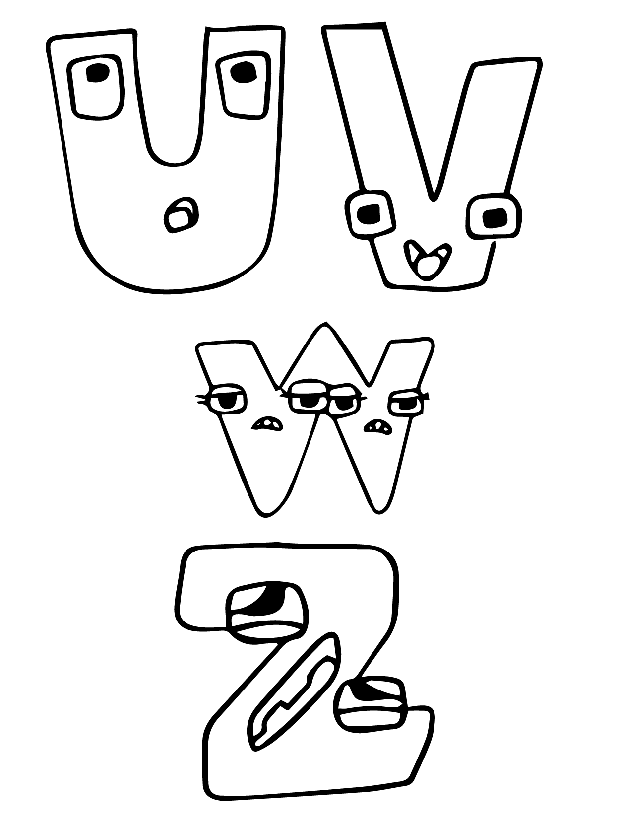 Dibujo de Alphabet Lore U V W Z para Colorear y Imprimir