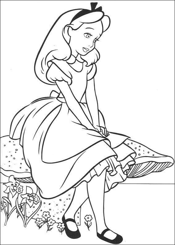 Dibujo de Alicia Sentada sobre Un Hongo para Colorear y Imprimir