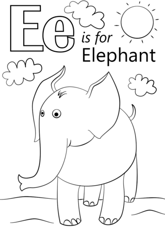 Dibujo de La Letra e Es Elefante para Colorear y Imprimir