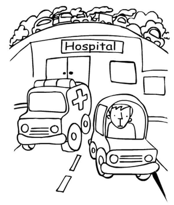 dibujo ambulancia y hospital para colorear