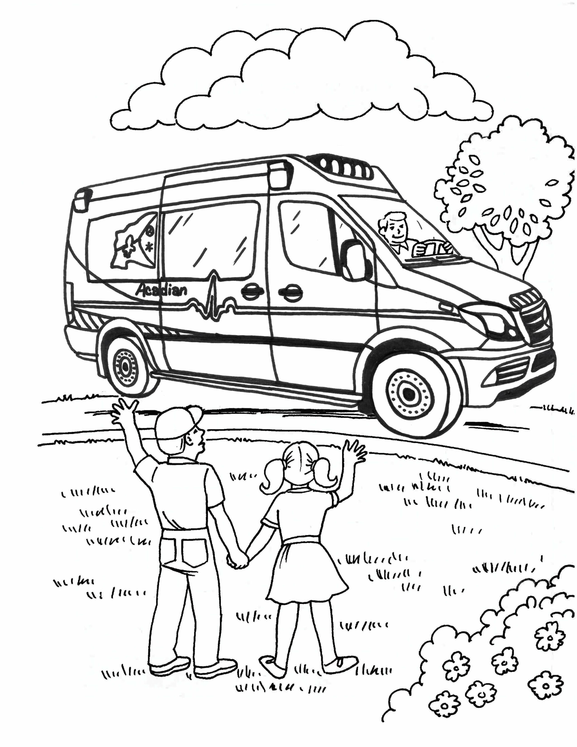 Dibujo de Los dos Niños Saludaron a Una Ambulancia Scaled para Colorear y Imprimir