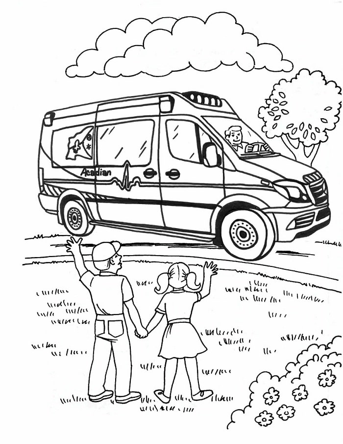 dibujo los dos ninos saludaron a una ambulancia para imprimir y colorear
