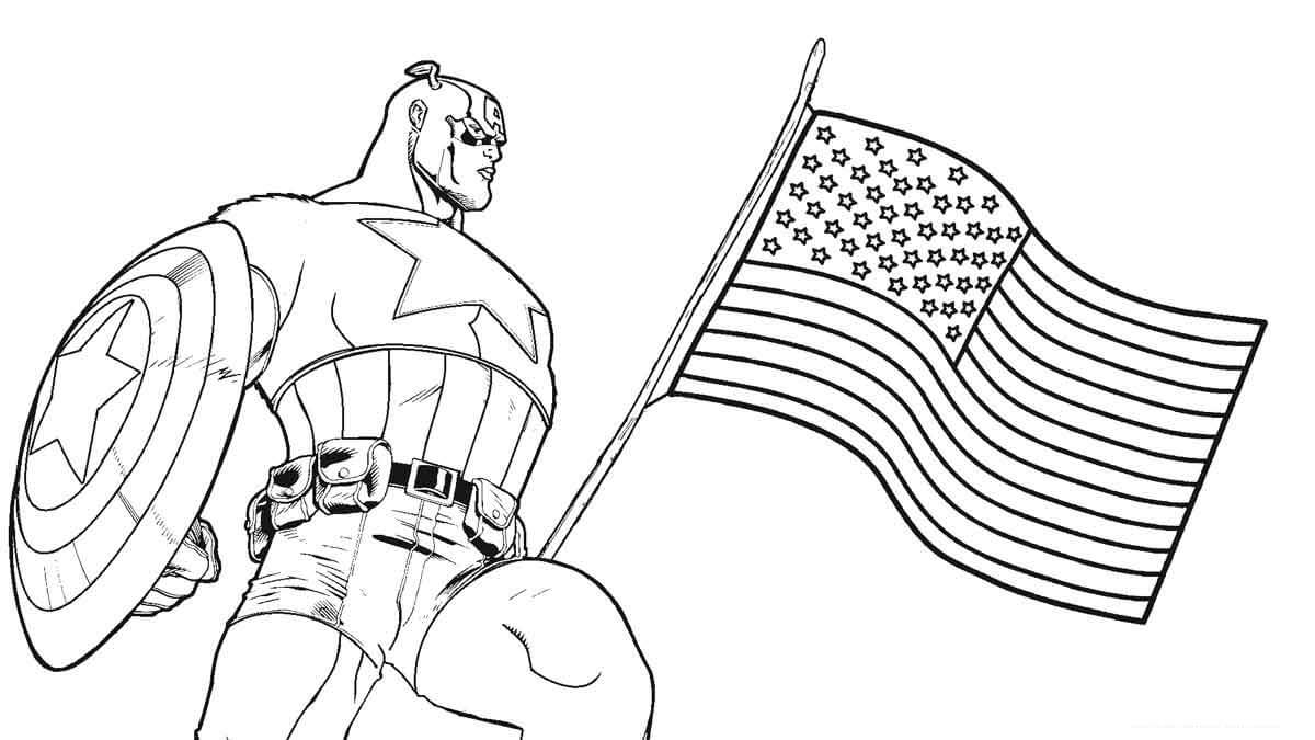 Dibujo de Capitán América y Bandera para Colorear y Imprimir