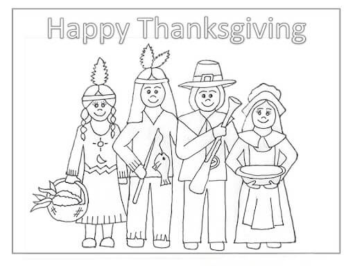 Dibujo de Peregrinos y Nativos Americanos para Colorear y Imprimir
