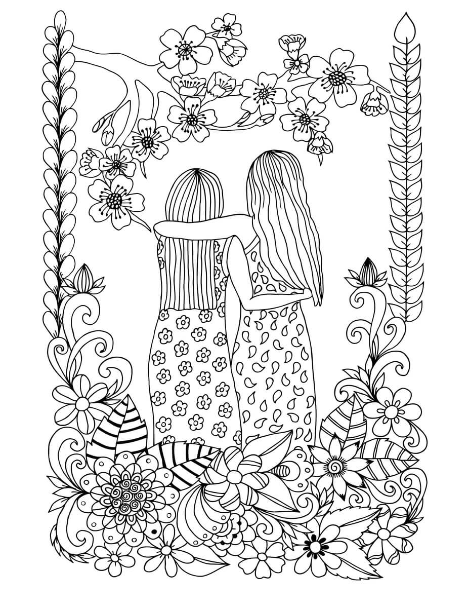 Dibujo de Amistad Con Flor para Colorear y Imprimir