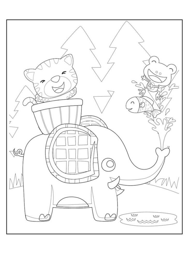 Dibujo de Bebé Elefante y Amigos para Colorear y Imprimir