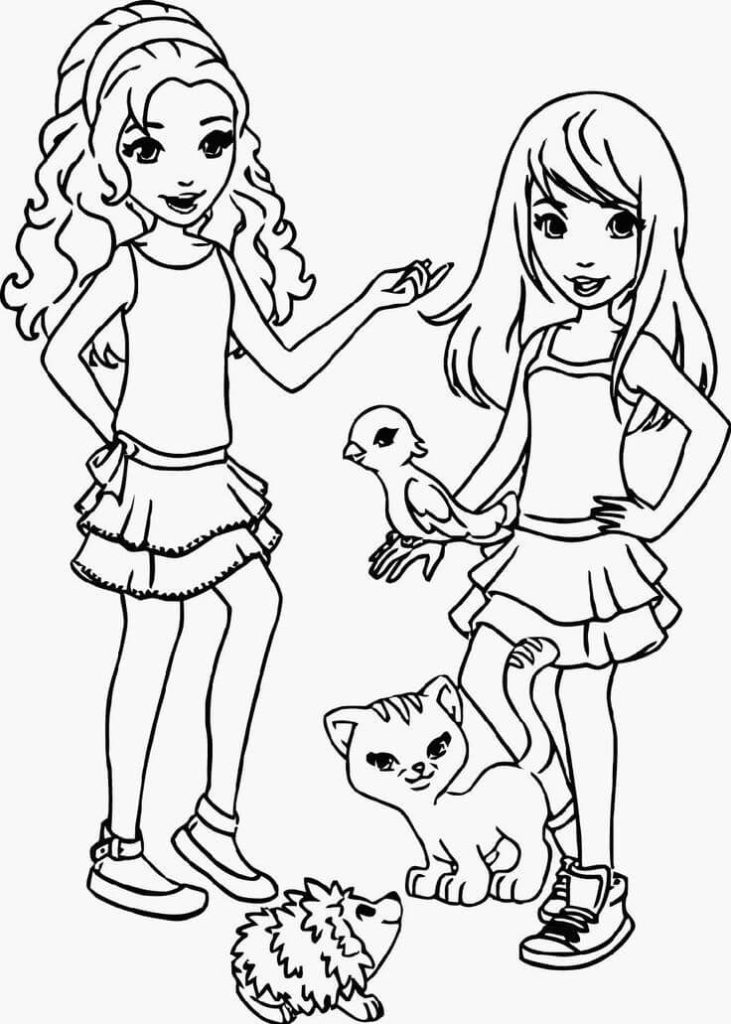Dibujo de dos Amigas y Animales para Colorear y Imprimir