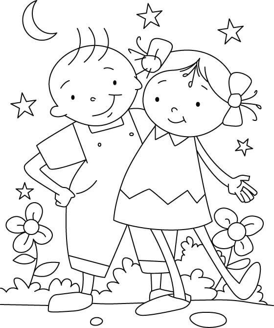 Dibujo de dos Amigos Abrazándose para Colorear y Imprimir