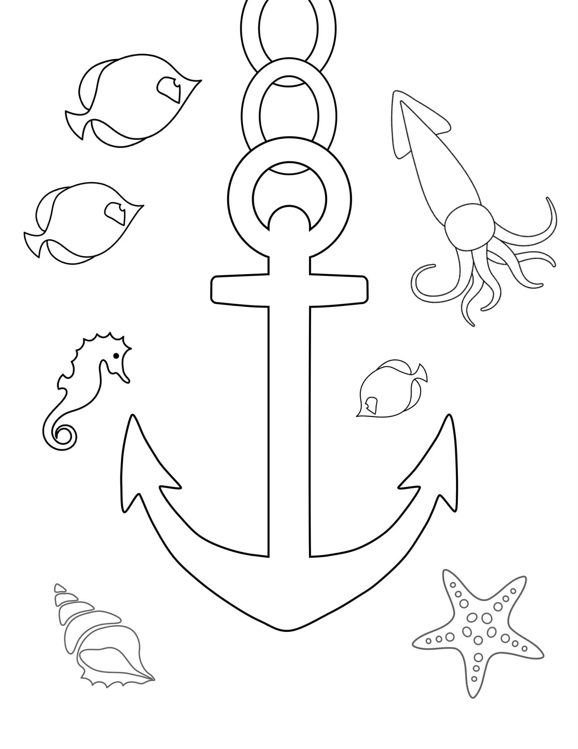Dibujo de Ancla Con Animal Marino para Colorear y Imprimir