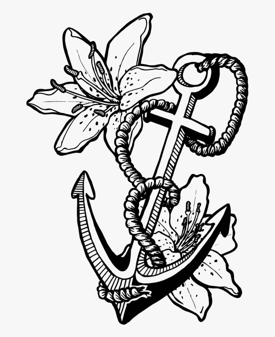 Dibujo de Ancla Con Flor para Colorear y Imprimir