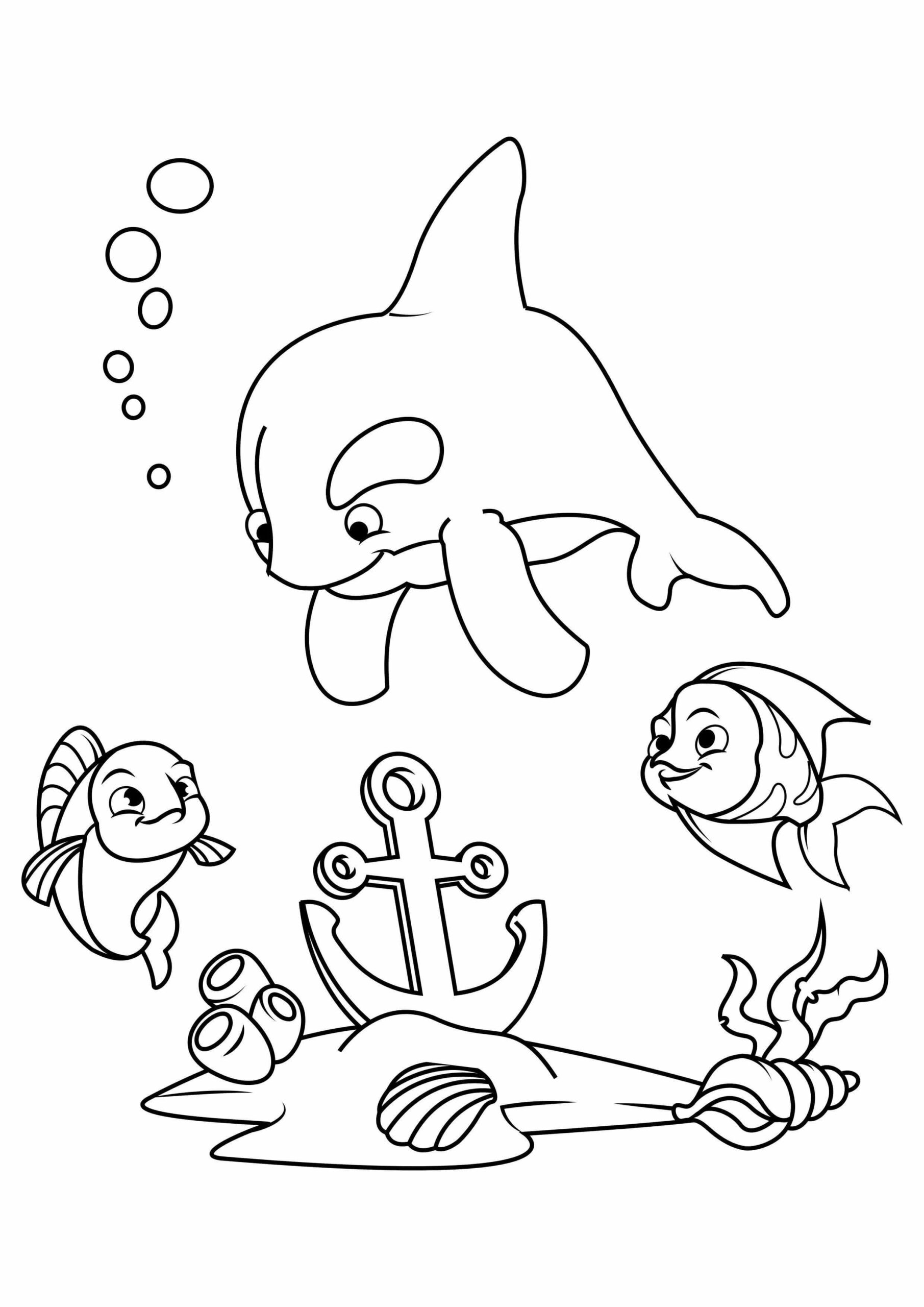 Dibujo de Delfín y dos Peces Con Ancla Scaled para Colorear y Imprimir