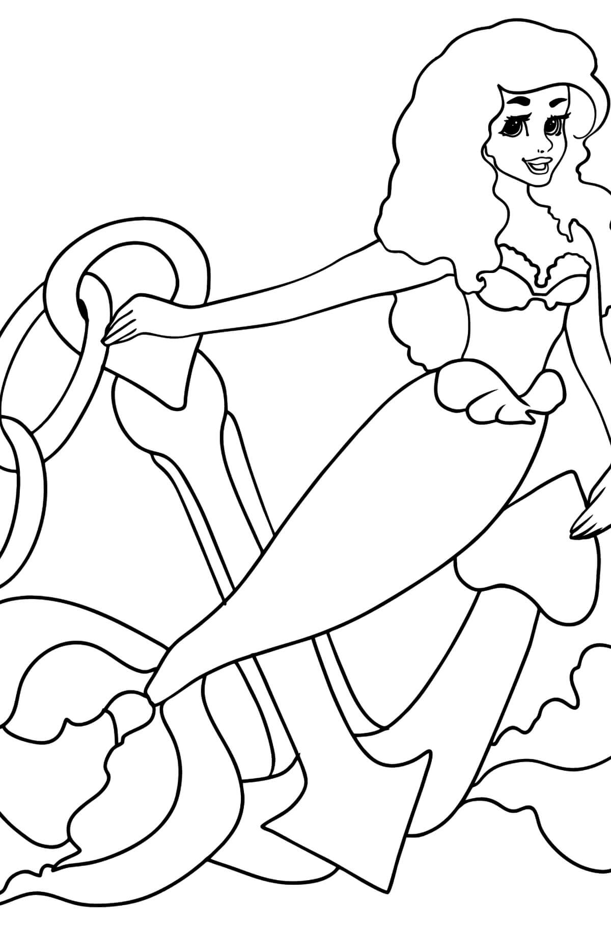 Dibujo de Sirena Con Ancla para Colorear y Imprimir