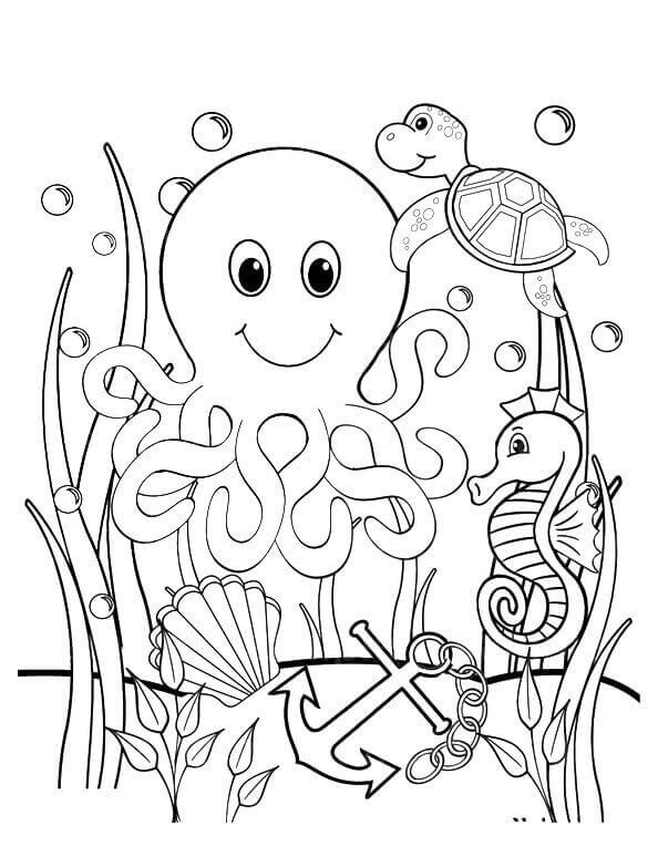 dibujo lindo animal marino con ancla imprimir y colorear