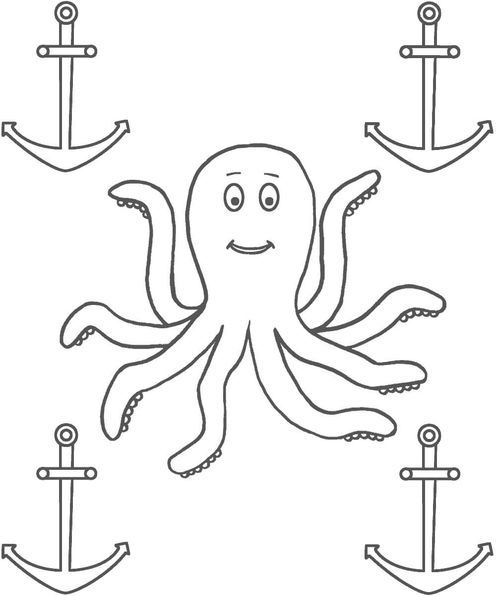 dibujo pulpo con cuatro anclas imprimir y colorear