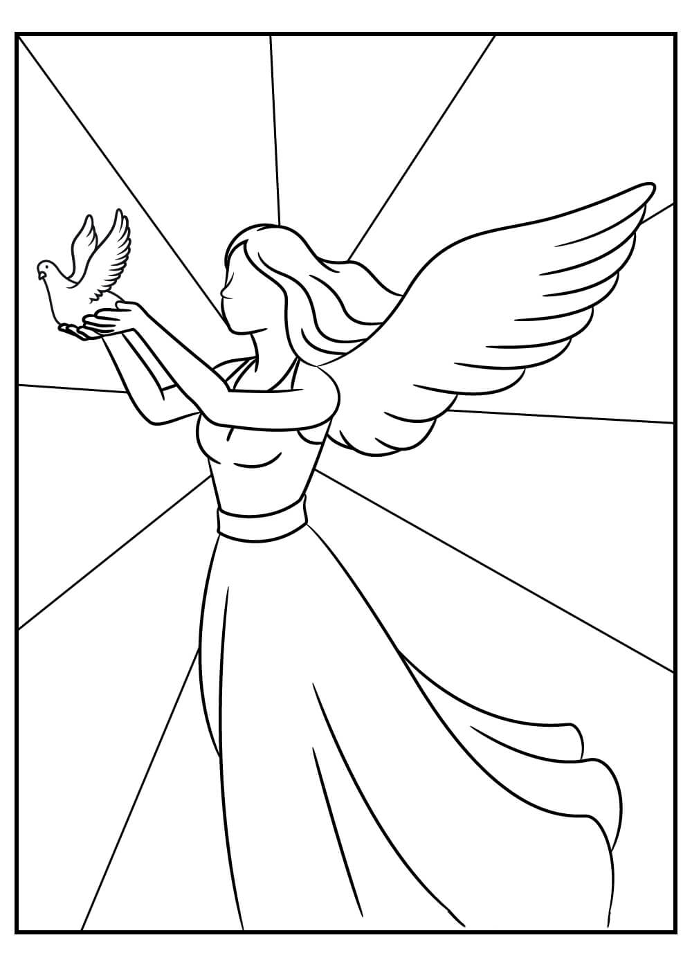 Dibujo de Ángel Con Pájaro para Colorear y Imprimir