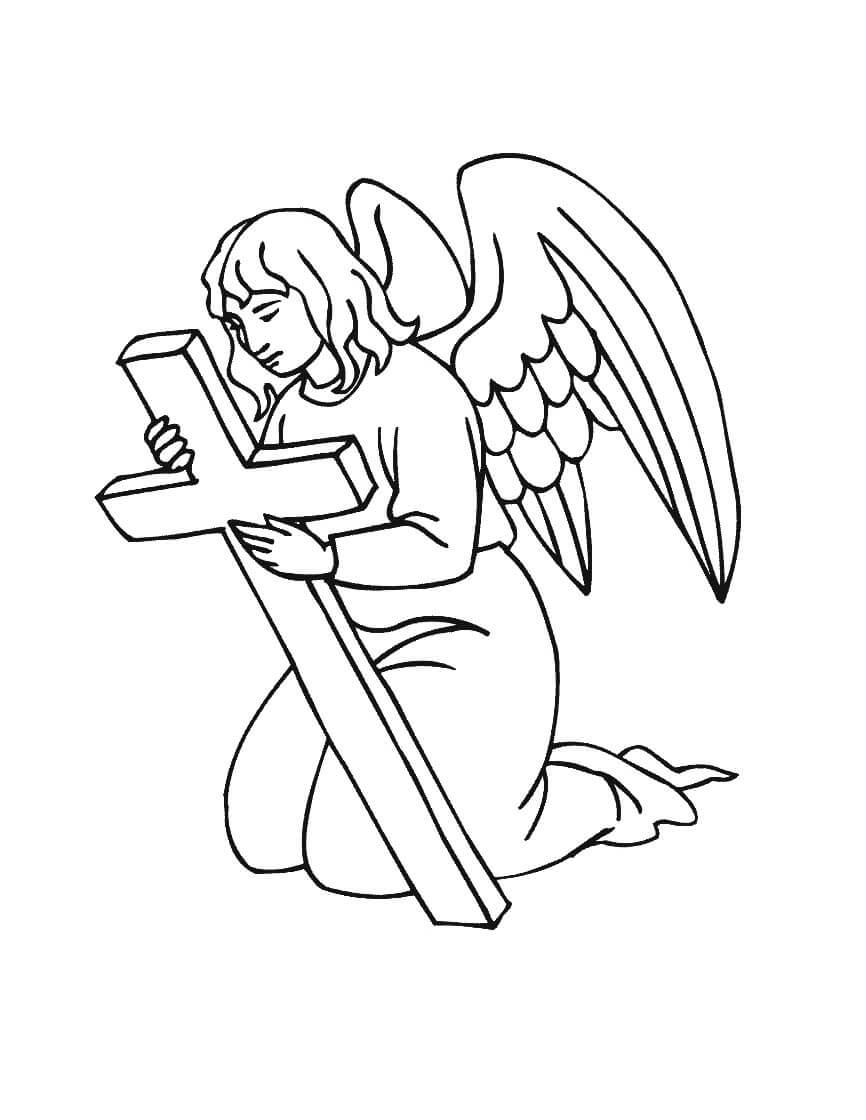 Dibujo de Ángel Sosteniendo Una Cruz para Colorear y Imprimir