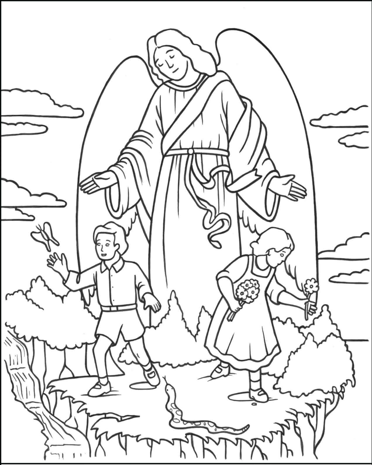 Dibujo de Ángel y dos Niños para Colorear y Imprimir