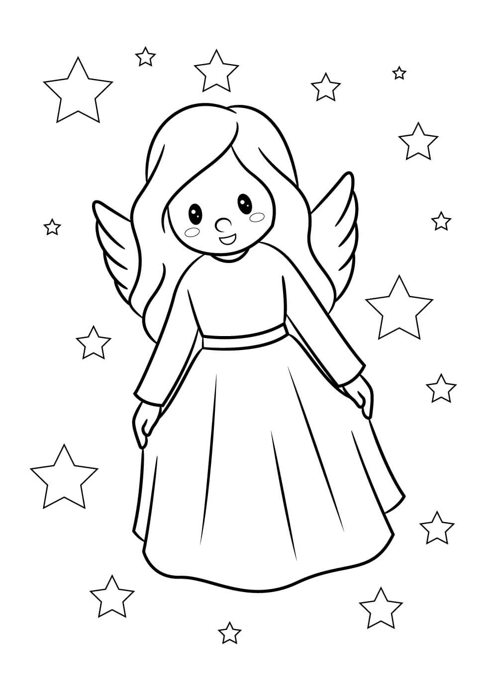 Dibujo de Angelito Con Estrellas para Colorear y Imprimir