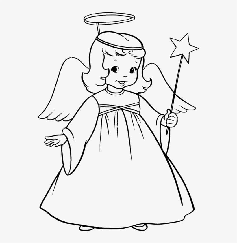 Dibujo de Angelito Sosteniendo Varita Mágica para Colorear y Imprimir