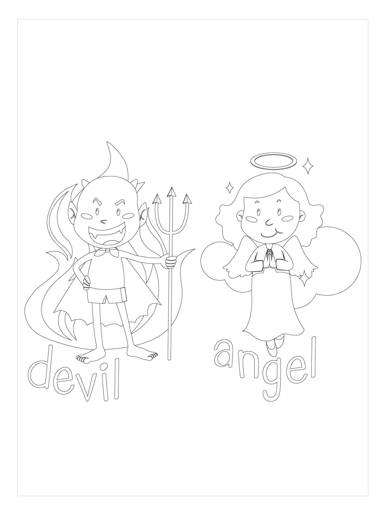 Dibujo de Diablo y Ángel para Colorear y Imprimir