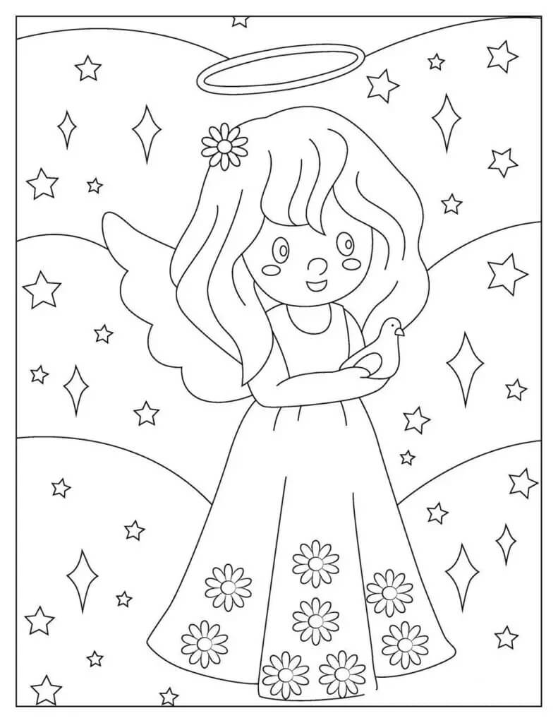 Dibujo de Linda Angelita Con Pájaro para Colorear y Imprimir