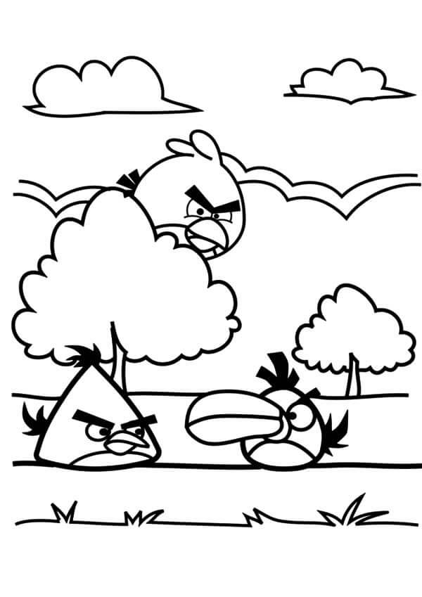 Dibujo de Angry Birds Jugando Cerca de Un Árbol para Colorear y Imprimir