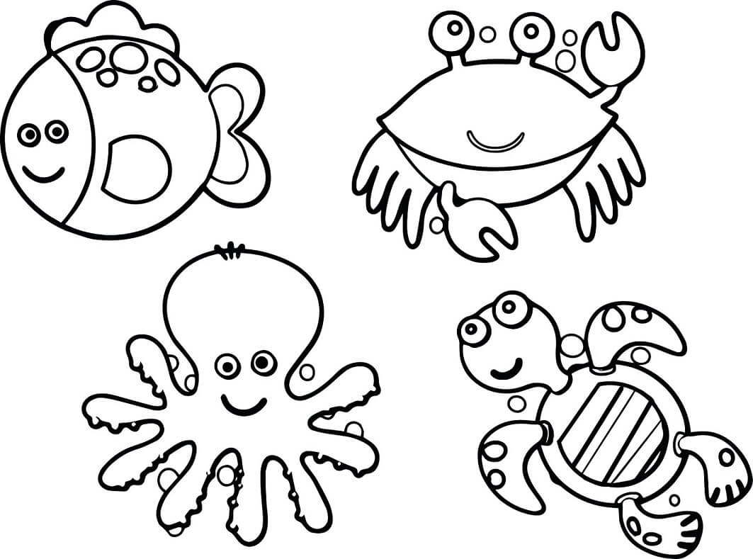 dibujo cuatro animales marinos lindos para colorear