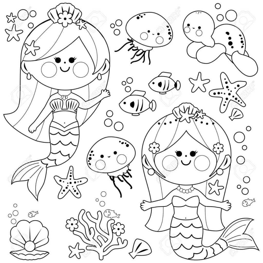 Dibujo de Hermosas Sirenas y Animales Marinos para Colorear y Imprimir