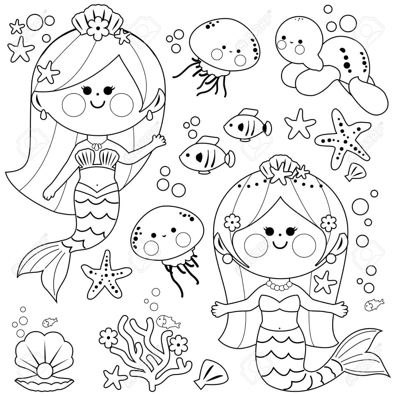 dibujo hermosas sirenas y animales marinos para colorear