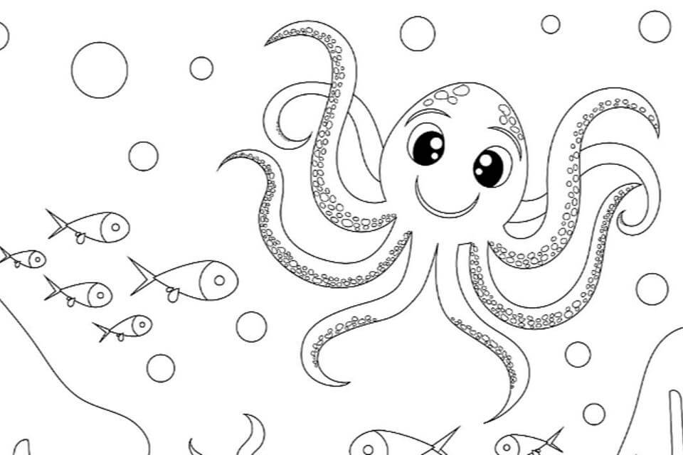 dibujo pulpo y peces para colorear