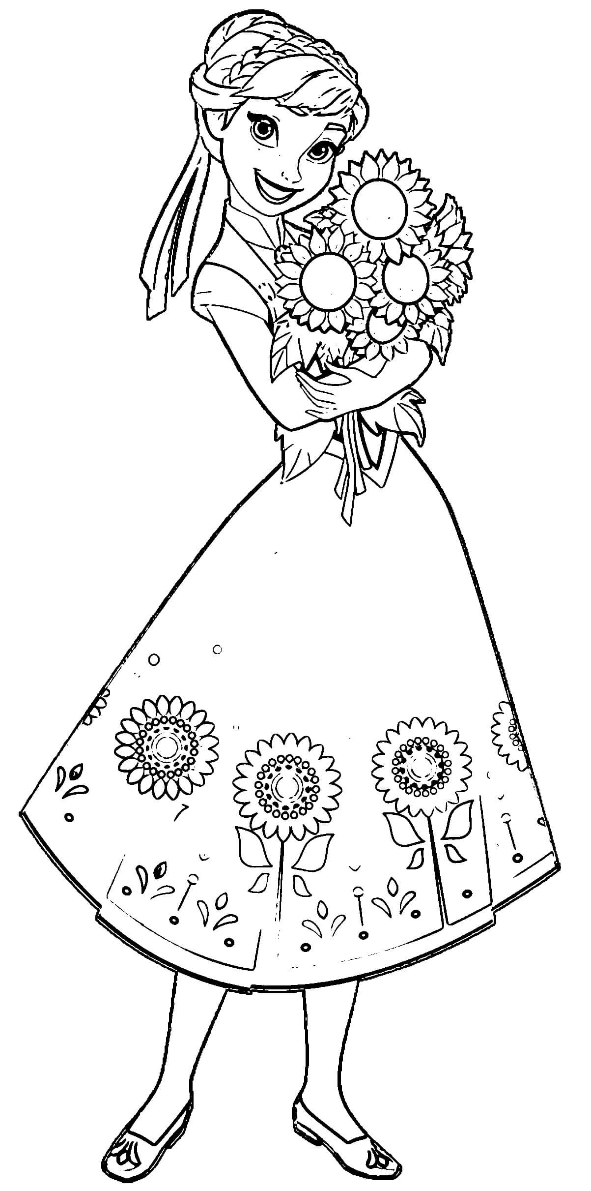 Dibujo de Anna Sosteniendo Un Hermoso Ramo para Colorear y Imprimir