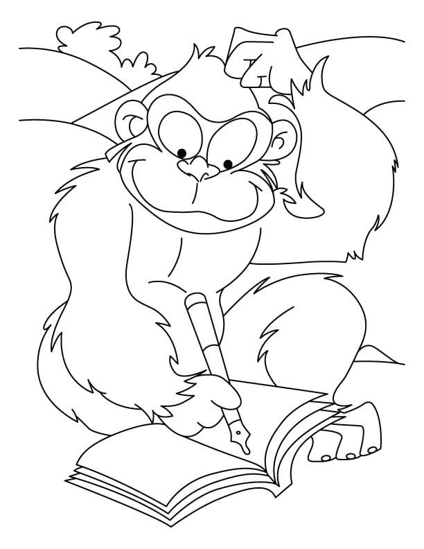Dibujo de Simio de Dibujos Animados Escribiendo para Colorear y Imprimir
