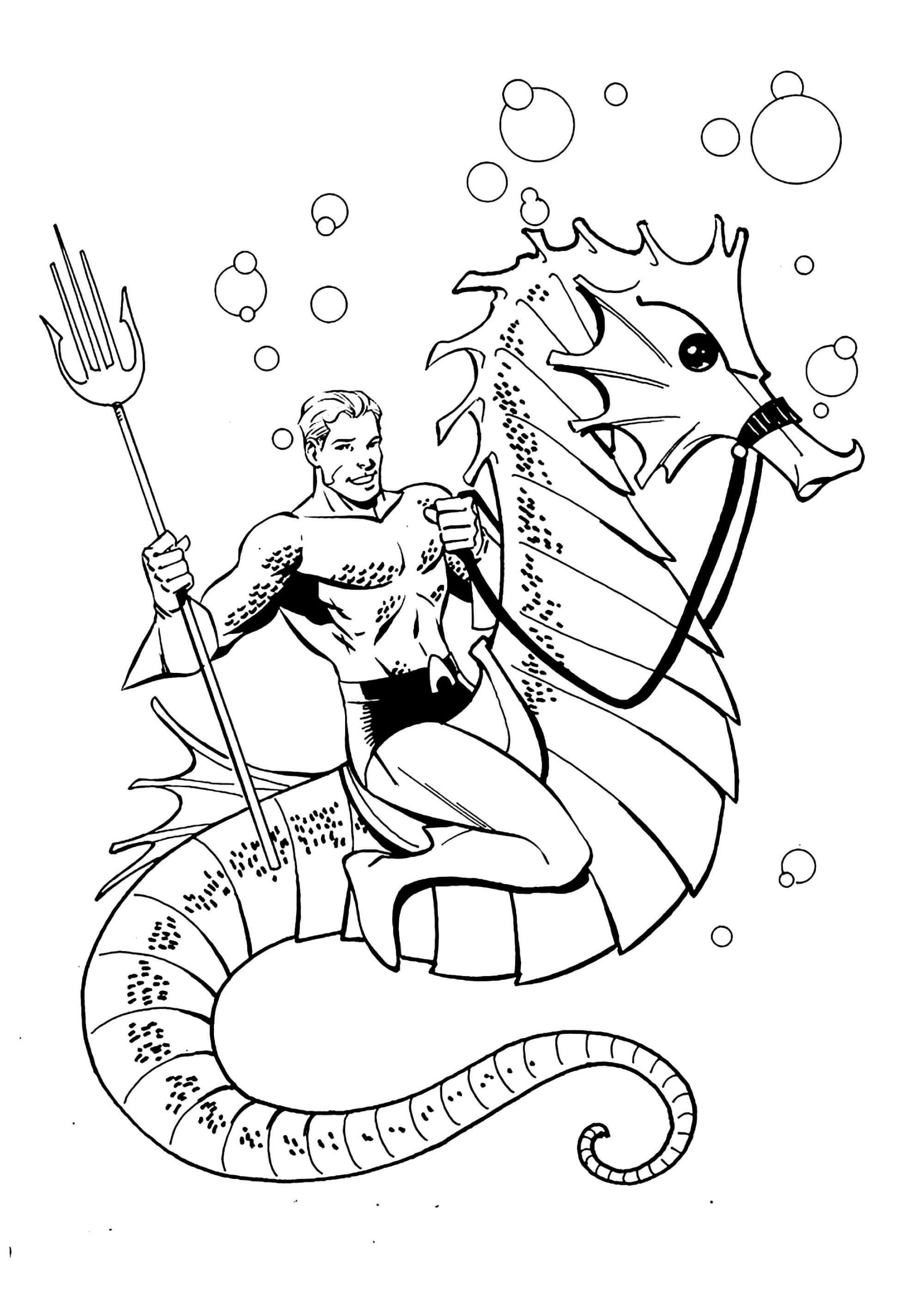 Dibujo de Aquamán Montando Caballito de Mar Scaled para Colorear y Imprimir
