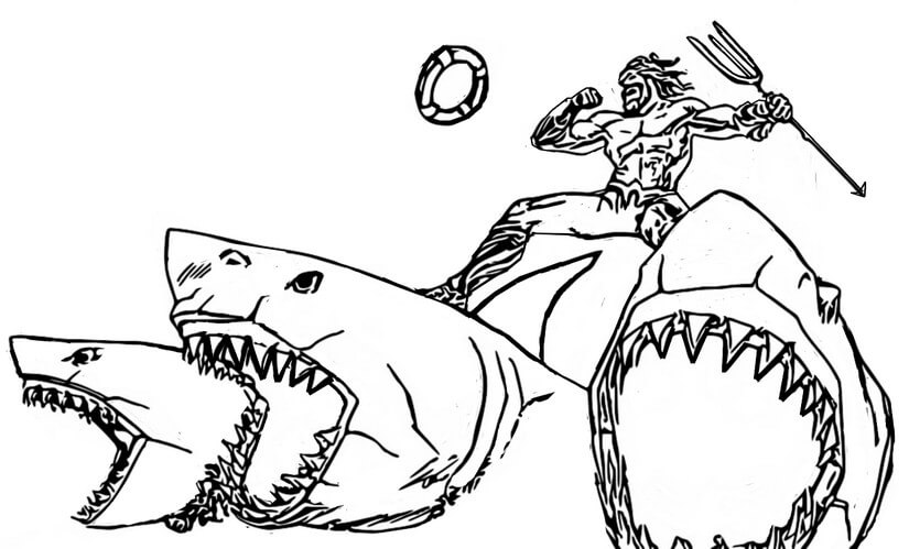 Dibujo de Aquamán Montando Tres Tiburones para Colorear y Imprimir