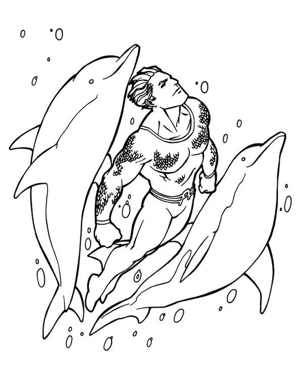 Dibujo de Aquamán Nadando y dos Delfines para Colorear y Imprimir