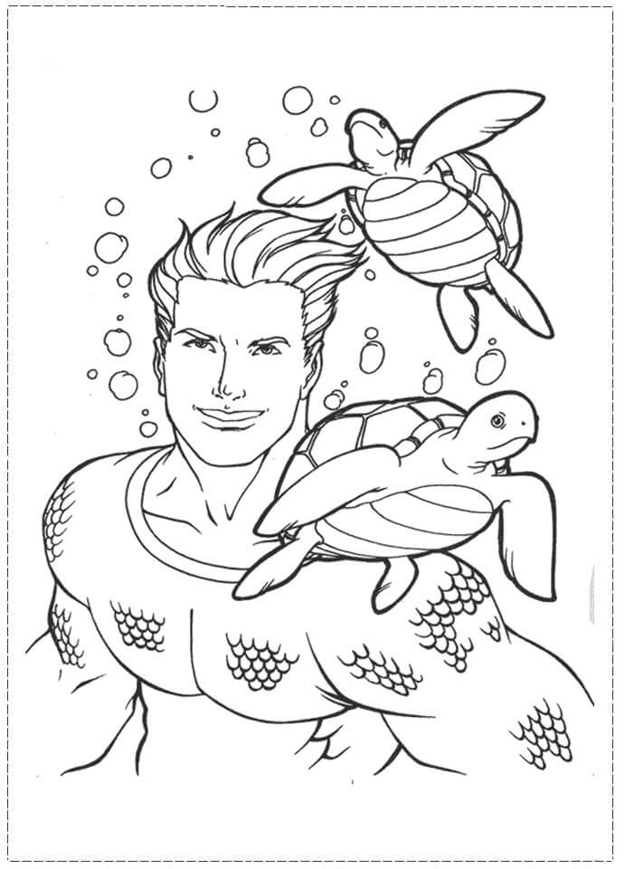 Dibujo de Aquamán y dos Tortugas para Colorear y Imprimir